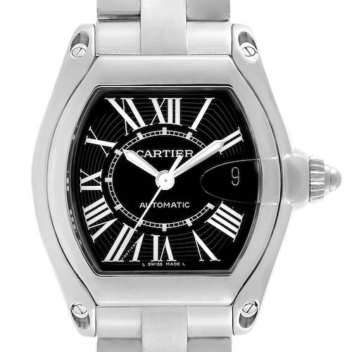 The image shows a front view of the Cartier Roadster W62041V3 Men's Stainless Steel Black Dial W62041V3 Men's Stainless Steel Black Dial watch, highlighting the dial, case, and part of the bracelet.