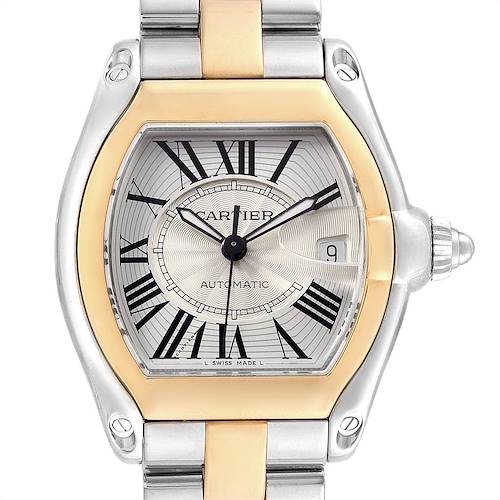 The image shows a front view of a Cartier Roadster W62031Y4 Men's Steel and Gold (two tone) Silver Dial W62031Y4 Men's Steel and Gold (two tone) Silver Dial watch, highlighting the dial, bezel, and part of the bracelet.