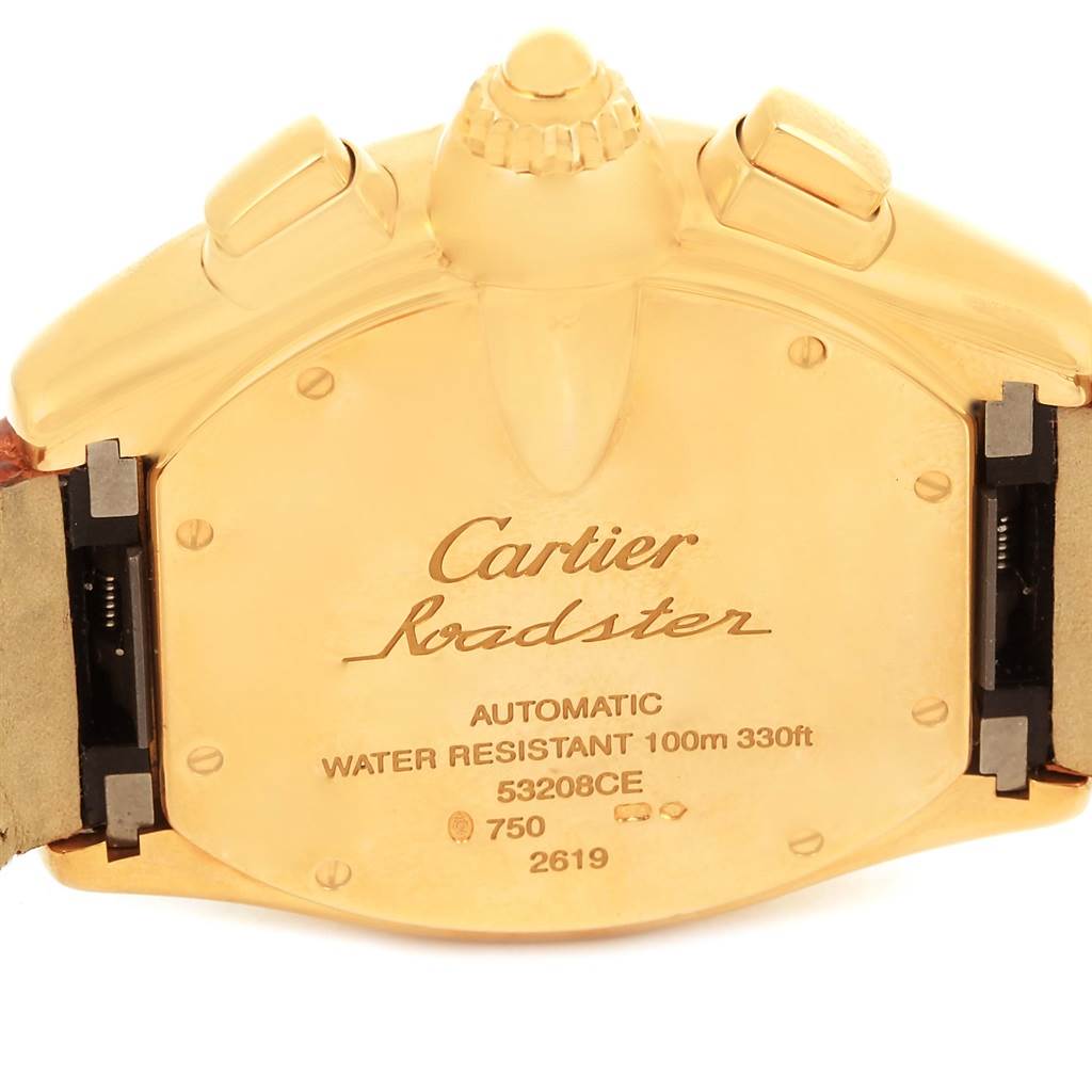 This image shows the back case and clasp area of the Cartier Roadster W62021Y3 Men's Yellow Gold Champagne Dial W62021Y3 Men's Yellow Gold Champagne Dial watch, featuring model and brand inscriptions.