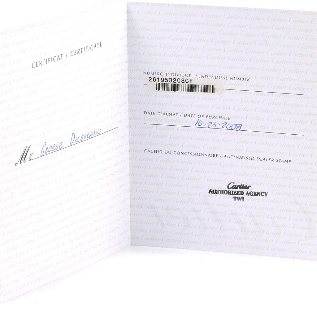 This image shows the authenticity certificate for the Cartier Roadster W62021Y3 Men's Yellow Gold Champagne Dial W62021Y3 Men's Yellow Gold Champagne Dial model watch.
