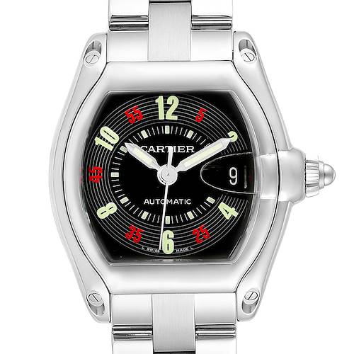 The Cartier Roadster W62002V3 Men's Stainless Steel Black Dial W62002V3 Men's Stainless Steel Black Dial watch is shown from a front angle, highlighting the dial, hands, case, and part of the bracelet.