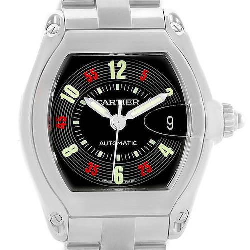 The image shows a front view of the Cartier Roadster W62002V3 Men's Stainless Steel Black Dial W62002V3 Men's Stainless Steel Black Dial watch, highlighting its dial, hands, and part of the bracelet.