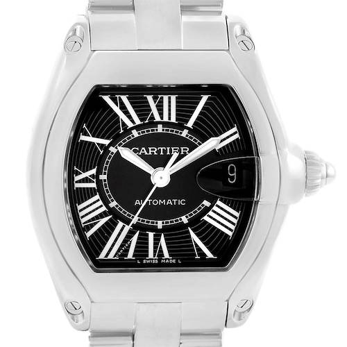 The image shows a front-facing view of the Cartier Roadster W62041V3 Men's Stainless Steel Black Dial W62041V3 Men's Stainless Steel Black Dial watch, highlighting the black dial, date window, and Roman numeral hour markers.
