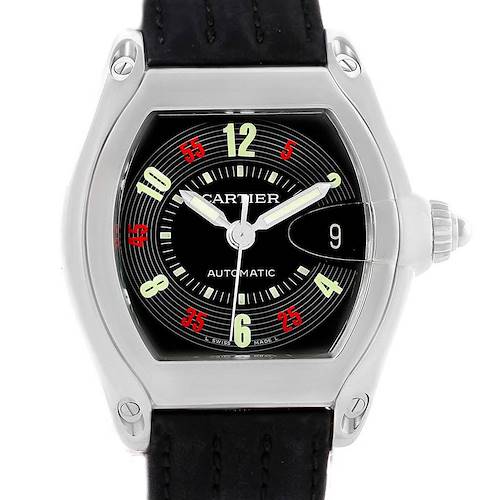 This image shows a close-up view of the dial and case of a Cartier Roadster W62002V3 Men's Stainless Steel Black Dial W62002V3 Men's Stainless Steel Black Dial watch with visible numerals and date window.