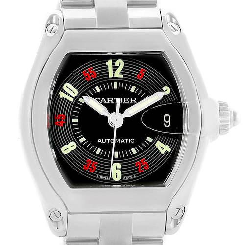 This Cartier Roadster W62002V3 Men's Stainless Steel Black Dial W62002V3 Men's Stainless Steel Black Dial watch is displayed from a front angle, showing its dial, hands, and bezel.