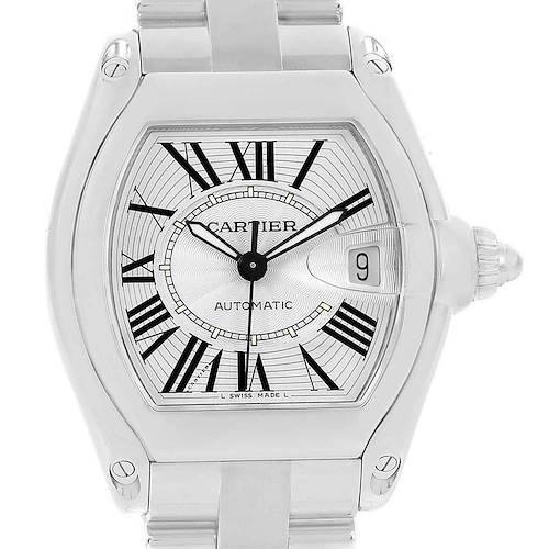 This image shows a frontal view of the Roadster model by Cartier, displaying the watch face and part of the bracelet.