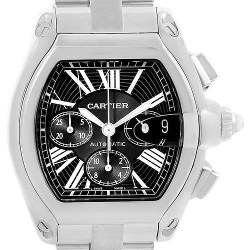The Cartier Roadster W62020X6 Men's Stainless Steel Black Dial W62020X6 Men's Stainless Steel Black Dial watch is shown from a straight-on angle, displaying the dial, hands, and chronograph subdials.