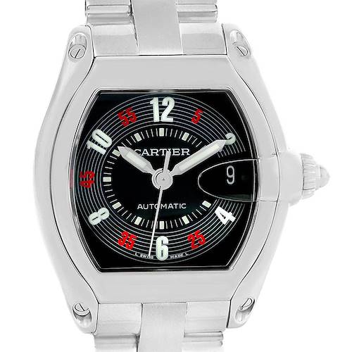 The image shows a close-up of the face and part of the bracelet of the Cartier Roadster W62002V3 Men's Stainless Steel Black Dial W62002V3 Men's Stainless Steel Black Dial model watch.