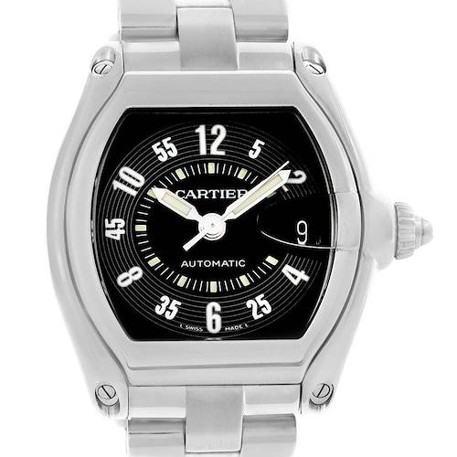 This image shows a front view of a Cartier Roadster W62004V3 Men's Stainless Steel Black Dial W62004V3 Men's Stainless Steel Black Dial model watch, highlighting its face and part of its metal bracelet.