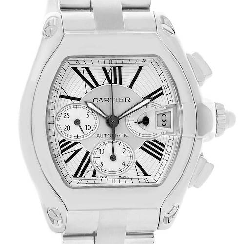 This image shows a close-up, front view of the Cartier Roadster W62019X6 Men's Stainless Steel Silver Dial W62019X6 Men's Stainless Steel Silver Dial watch, highlighting its dial, hands, date window, and sub-dials.
