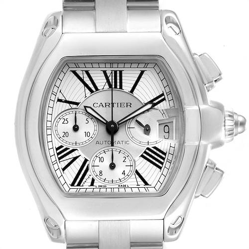 The image shows a close-up, front-facing view of the Cartier Roadster W62019X6 Men's Stainless Steel Silver Dial W62019X6 Men's Stainless Steel Silver Dial watch, highlighting its dial and bracelet.