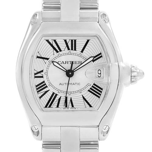The image shows a Cartier Roadster W62025V3 Men's Stainless Steel Silver Dial W62025V3 Men's Stainless Steel Silver Dial watch, displaying the dial, hands, date window, and part of the stainless steel bracelet.