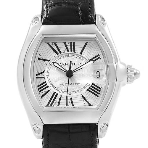 The Cartier Roadster W62025V3 Men's Stainless Steel Silver Dial W62025V3 Men's Stainless Steel Silver Dial watch is shown from a front angle, highlighting its dial, case, crown, and black leather strap.