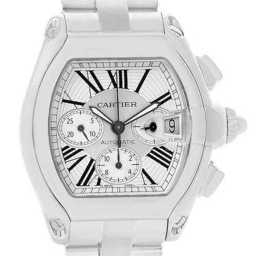 This image shows a front view of a Cartier Roadster W62019X6 Men's Stainless Steel Silver Dial W62019X6 Men's Stainless Steel Silver Dial watch, displaying the dial, date window, sub-dials, and part of the bracelet.