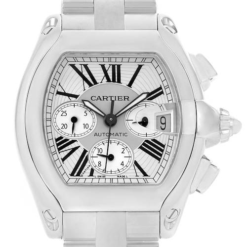 The image shows a front view of the Cartier Roadster W62019X6 Men's Stainless Steel Silver Dial W62019X6 Men's Stainless Steel Silver Dial watch, showcasing its dial, hands, subdials, date window, and metal bracelet.