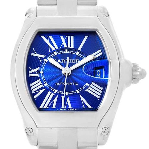 The Cartier Roadster W62048V3 Men's Stainless Steel Blue Dial W62048V3 Men's Stainless Steel Blue Dial watch is shown from a front angle, highlighting its blue dial, Roman numerals, and date window.