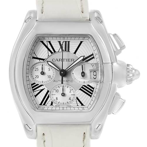 The image shows a front view of the Cartier Roadster W62019X6 Men's Stainless Steel Silver Dial W62019X6 Men's Stainless Steel Silver Dial watch, highlighting its dial, case, and white strap.