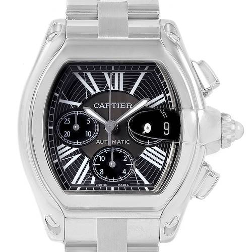The image shows a front view of the Cartier Roadster W62020X6 Men's Stainless Steel Black Dial W62020X6 Men's Stainless Steel Black Dial watch, highlighting its face, dial, and bracelet.