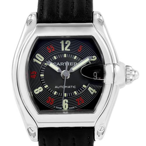 The image shows a Cartier Roadster W62002V3 Men's Stainless Steel Black Dial W62002V3 Men's Stainless Steel Black Dial model watch from a front angle, featuring the dial, bezel, crown, and leather strap.