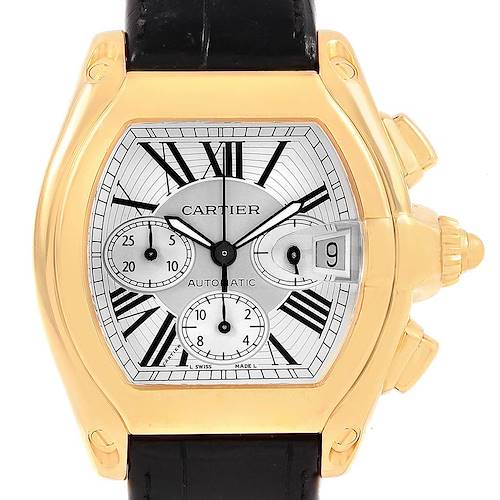 This image shows the face and upper part of a Cartier Roadster W62021Y3 Men's Yellow Gold Silver Dial W62021Y3 Men's Yellow Gold Silver Dial watch, highlighting its dial, hands, and crown.