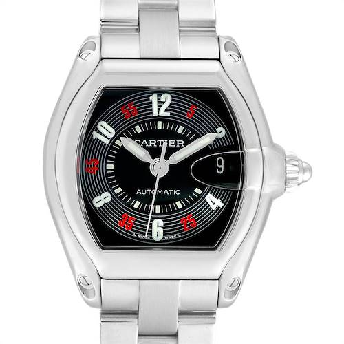 The image shows a Cartier Roadster W62002V3 Men's Stainless Steel Black Dial W62002V3 Men's Stainless Steel Black Dial watch from a front angle, showcasing its dial, bezel, and part of the stainless steel bracelet.