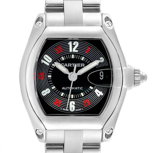 This image shows a front view of a Cartier Roadster W62002V3 Men's Stainless Steel Black Dial W62002V3 Men's Stainless Steel Black Dial watch, highlighting the dial, case, and part of the bracelet.