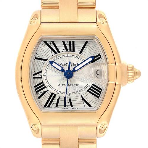 This image shows a frontal view of the Cartier Roadster W62005V1 Men's Yellow Gold Silver Dial W62005V1 Men's Yellow Gold Silver Dial model watch, highlighting the face, crown, and a portion of the bracelet.
