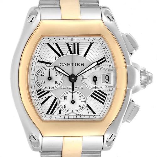 The image shows a front view of a Cartier Roadster W62027Z1 Men's Steel and Gold (two tone) Silver Dial W62027Z1 Men's Steel and Gold (two tone) Silver Dial watch, highlighting the dial, sub-dials, hands, and date window.