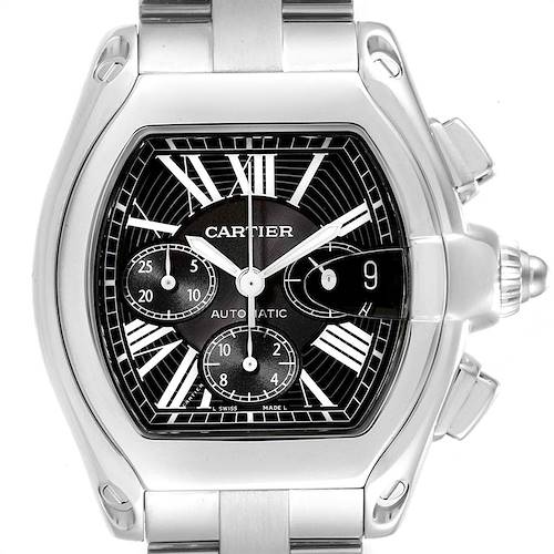 This image shows a front view of the Cartier Roadster W62020X6 Men's Stainless Steel Black Dial W62020X6 Men's Stainless Steel Black Dial model watch, highlighting its dial, case, and part of the bracelet.