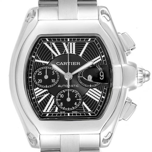 The image shows a front view of the Cartier Roadster W62020X6 Men's Stainless Steel Black Dial W62020X6 Men's Stainless Steel Black Dial watch, highlighting its face, Roman numerals, and metal bracelet.