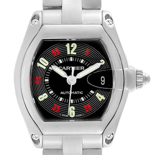 The Cartier Roadster W62002V3 Men's Stainless Steel Black Dial W62002V3 Men's Stainless Steel Black Dial watch is shown from a front angle, highlighting its black dial, silver casing, and bracelet.