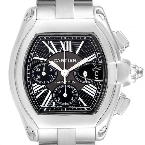Front view of a Cartier Roadster W62020X6 Men's Stainless Steel Black Dial W62020X6 Men's Stainless Steel Black Dial watch, showing the face, dial, subdials, and part of the bracelet.