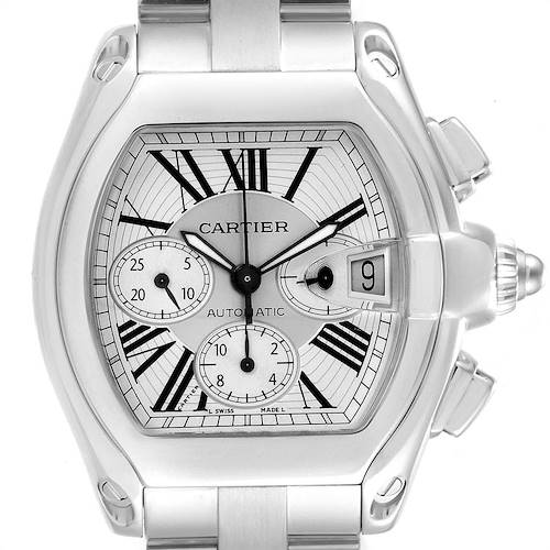 The image shows a frontal view of the Cartier Roadster W62019X6 Men's Stainless Steel Silver Dial W62019X6 Men's Stainless Steel Silver Dial watch, highlighting its dial, hands, sub-dials, and date window.