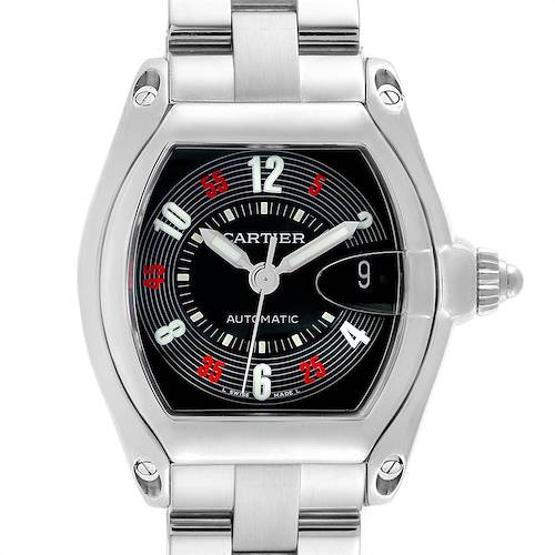 This image shows a front view of the Cartier Roadster W62002V3 Men's Stainless Steel Black Dial W62002V3 Men's Stainless Steel Black Dial watch, highlighting its face, dial, and bracelet.