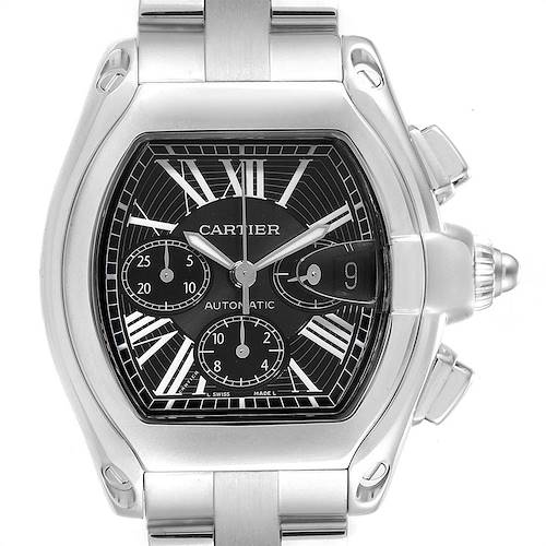 The image shows a close-up of the Cartier Roadster W62020X6 Men's Stainless Steel Black Dial W62020X6 Men's Stainless Steel Black Dial watch, displaying its stainless steel case, black dial, and chronograph features.