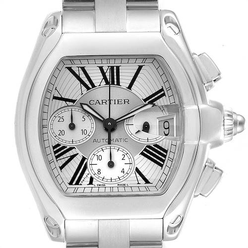 This is a close-up of the face and parts of the bracelet of a Cartier Roadster W62019X6 Men's Stainless Steel Silver Dial W62019X6 Men's Stainless Steel Silver Dial watch.
