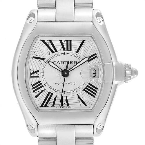 This image shows a frontal view of a Cartier Roadster W62025V3 Men's Stainless Steel Silver Dial W62025V3 Men's Stainless Steel Silver Dial watch displaying its dial, case, and part of the bracelet.