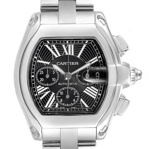 This image shows a Cartier Roadster W62020X6 Men's Stainless Steel Black Dial W62020X6 Men's Stainless Steel Black Dial watch from a top-down angle, highlighting the dial, bezel, and part of the bracelet.