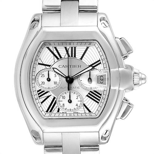 The image shows a front view of a Cartier Roadster W62019X6 Men's Stainless Steel Silver Dial W62019X6 Men's Stainless Steel Silver Dial model watch, highlighting the dial, case, and stainless steel bracelet.