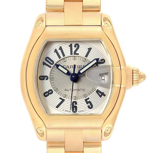 This image features the Cartier Roadster W62005V1 Men's Yellow Gold Silver Dial W62005V1 Men's Yellow Gold Silver Dial watch, shown from a front view highlighting the dial, bezel, and part of the bracelet.