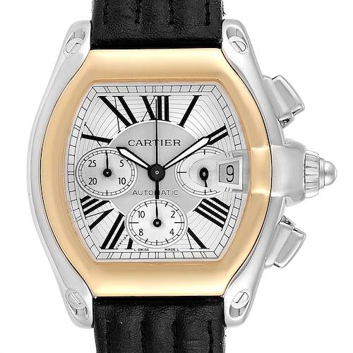The image shows a front view of a Cartier Roadster W62027Z1 Men's Steel and Gold (two tone) Silver Dial W62027Z1 Men's Steel and Gold (two tone) Silver Dial watch, highlighting its dial, sub-dials, date window, and black leather strap.