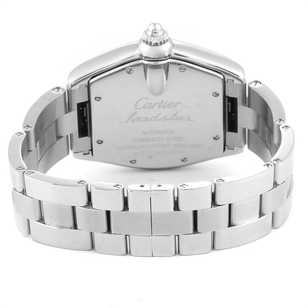 The image shows the back view of the Cartier Roadster W62041V3 Men's Stainless Steel Black Dial W62041V3 Men's Stainless Steel Black Dial watch and its stainless steel bracelet.