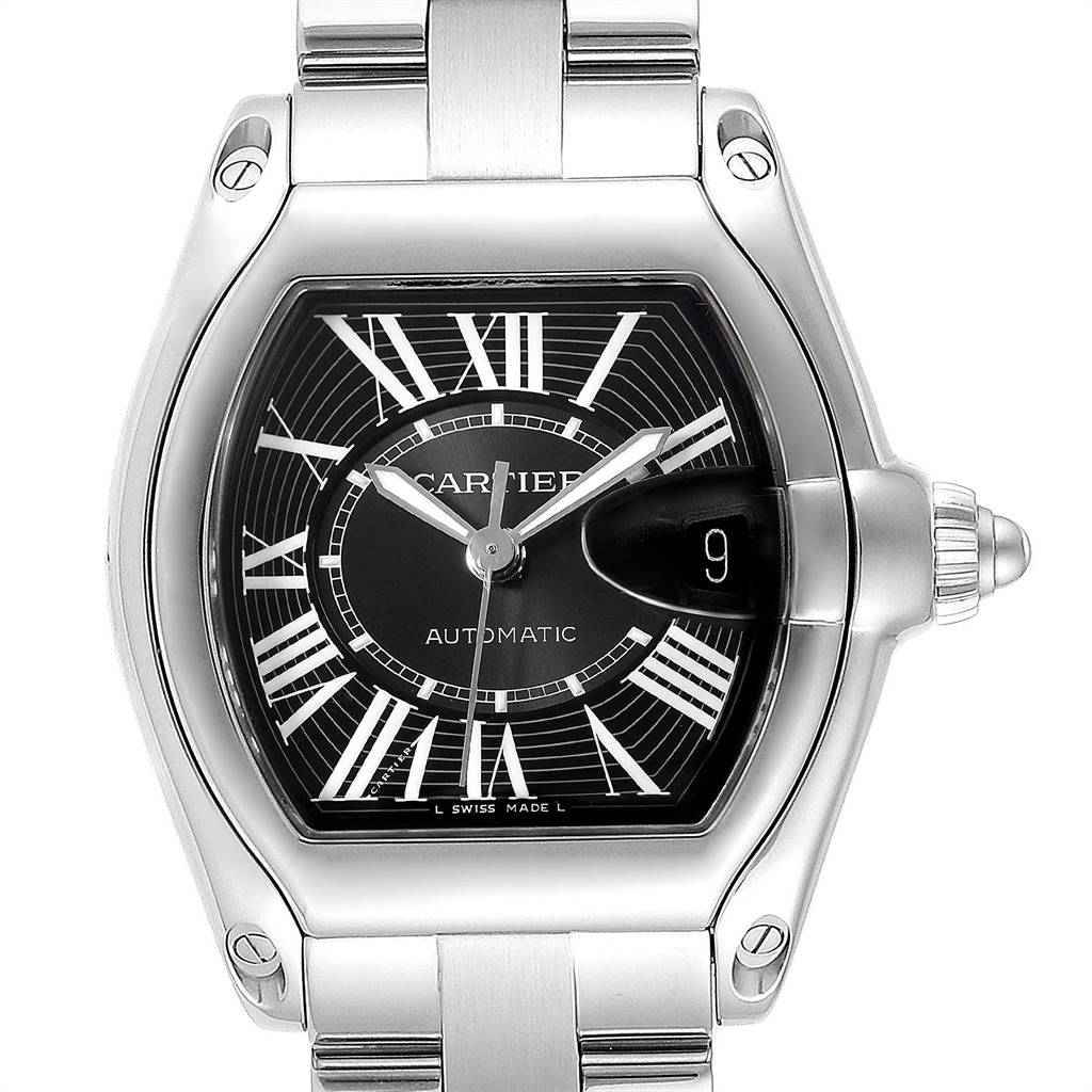 The image shows the face and part of the bracelet of the Cartier Roadster W62041V3 Men's Stainless Steel Black Dial W62041V3 Men's Stainless Steel Black Dial watch at a frontal angle.