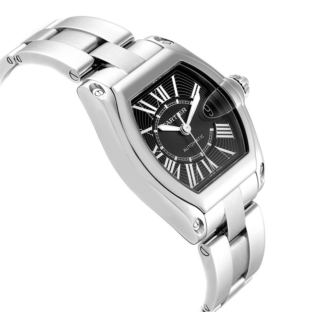 This image shows a Cartier Roadster W62041V3 Men's Stainless Steel Black Dial W62041V3 Men's Stainless Steel Black Dial watch at a three-quarter angle, highlighting the dial, case, and bracelet.