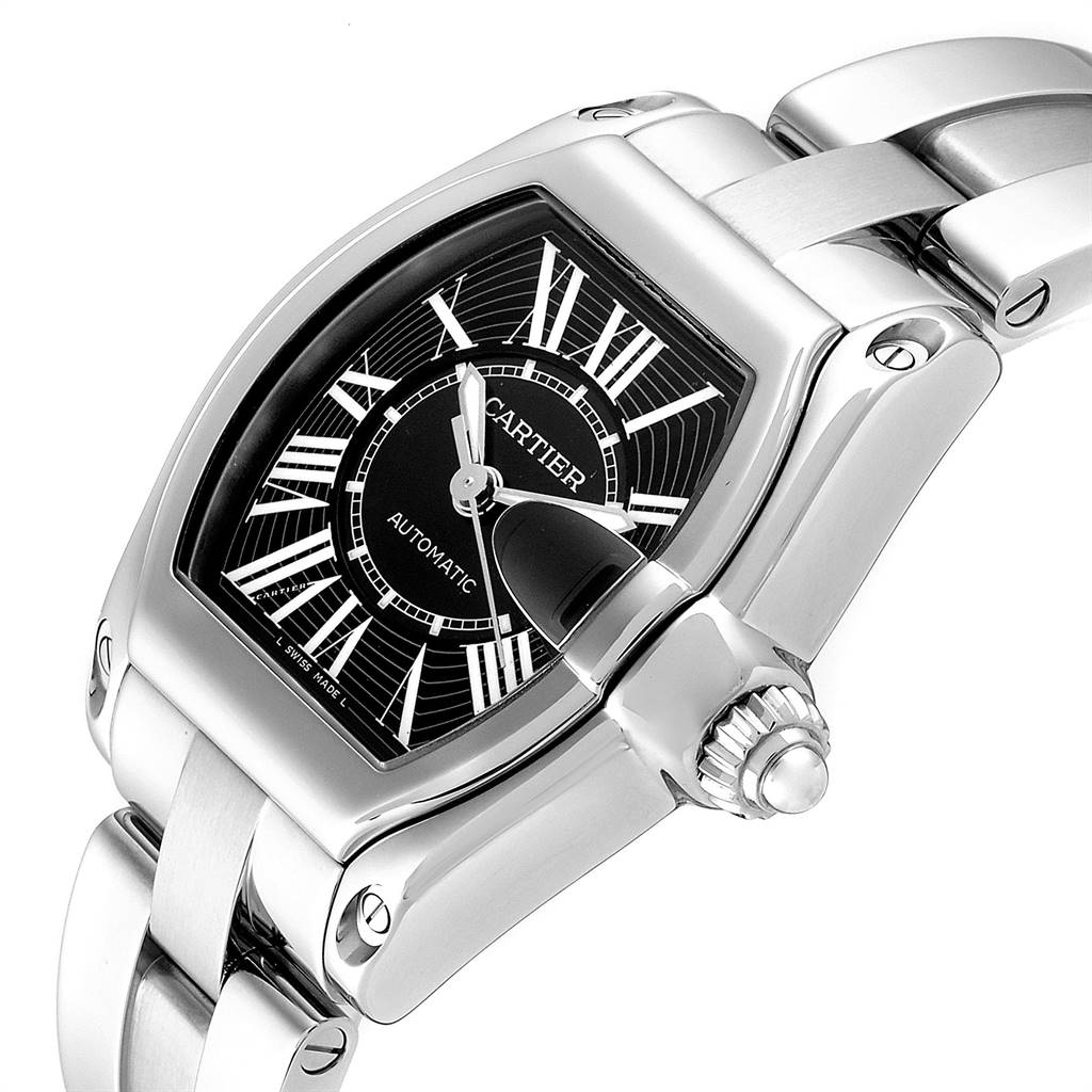 The image shows a close-up of the Cartier Roadster W62041V3 Men's Stainless Steel Black Dial W62041V3 Men's Stainless Steel Black Dial watch, highlighting the face, dial, and part of the band from an angled view.
