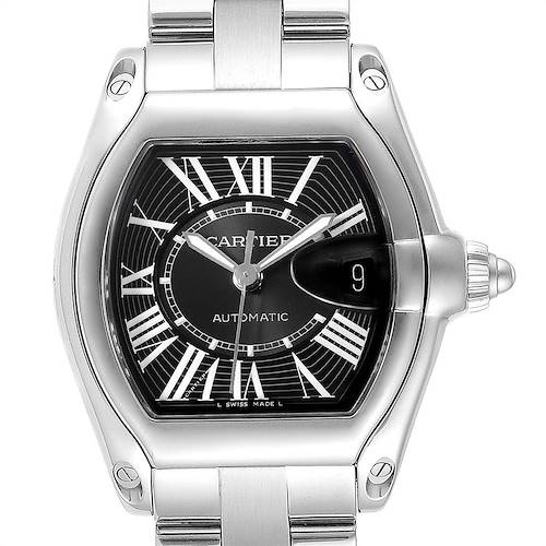This image shows a front view of the Cartier Roadster W62041V3 Men's Stainless Steel Black Dial W62041V3 Men's Stainless Steel Black Dial model watch, highlighting its rectangular dial, Roman numerals, and metallic clasp.