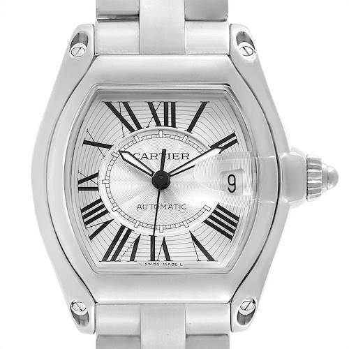 The image shows a close-up, front view of a Cartier Roadster W62025V3 Men's Stainless Steel Silver Dial W62025V3 Men's Stainless Steel Silver Dial watch, highlighting its face, bezel, and part of the bracelet.