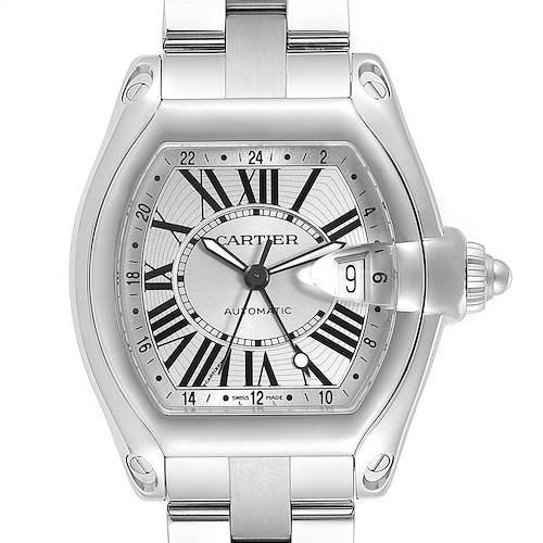 The image shows a front view of the Cartier Roadster W62032X6 Men's Stainless Steel Silver Dial W62032X6 Men's Stainless Steel Silver Dial watch, highlighting its dial, hands, and date window.