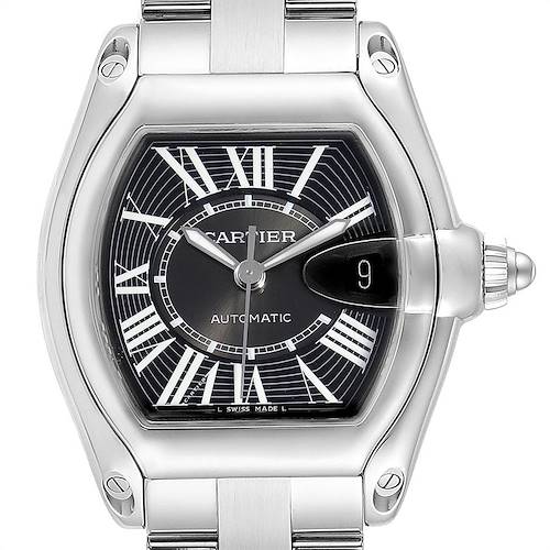 The image shows a front view of the Cartier Roadster W62041V3 Men's Stainless Steel Black Dial W62041V3 Men's Stainless Steel Black Dial watch face and part of the bracelet.