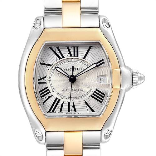 The image shows a frontal view of the Cartier Roadster W62031Y4 Men's Steel and Gold (two tone) Silver Dial W62031Y4 Men's Steel and Gold (two tone) Silver Dial watch, highlighting its dial, bezel, and part of the bracelet.